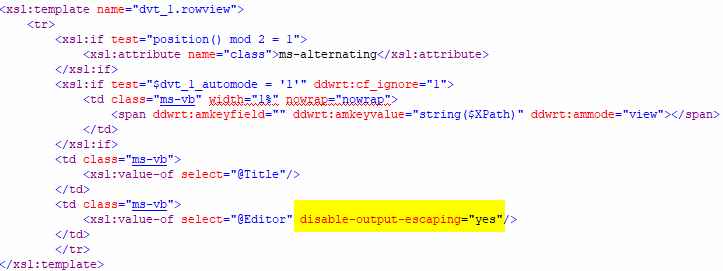 SharePoint Added Disable Output escaping